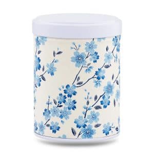 boîte à thé empilable Hidaka 100 g washi ivoire motif branches de cerisier bleues, couvercle blanc