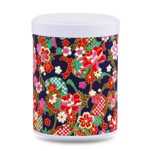 boîte à thé empilable Tamano 100 g washi bleu nuit motif fleurs multicolores, couvercle blanc
