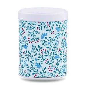 boîte à thé empilable Uchiko 100 g washi bleu clair motif fleurs rouges, couvercle blanc