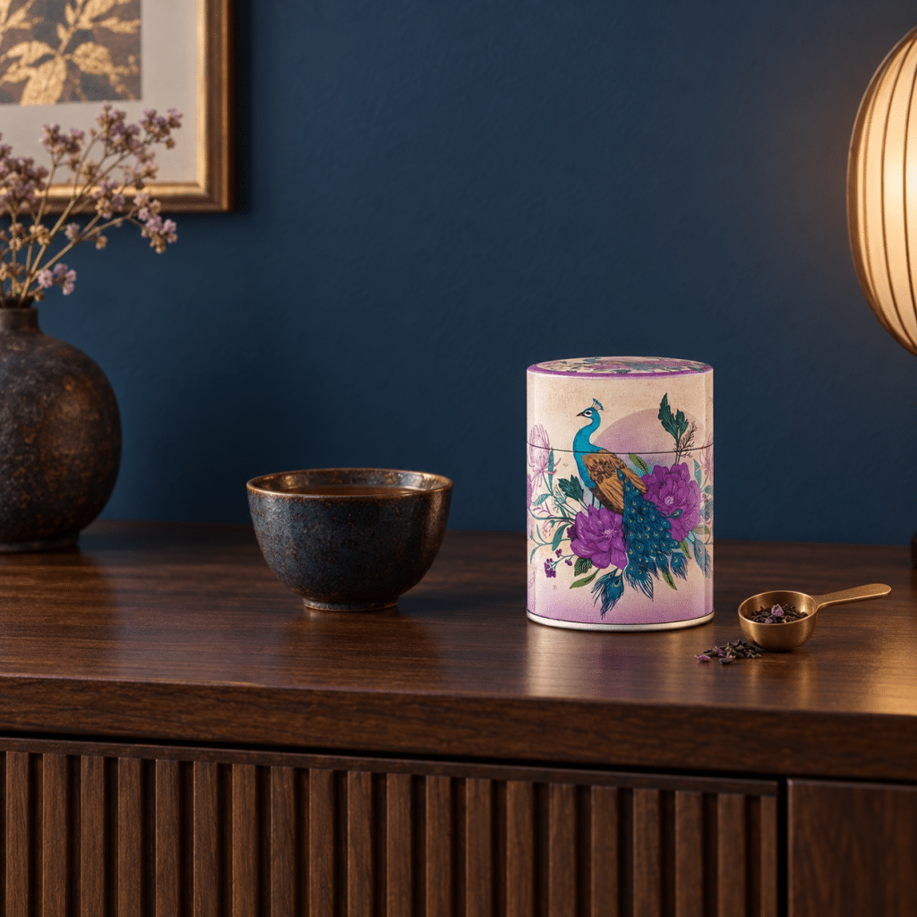 Boîte à thé Paon de minuit, décorée d’un paon et de fleurs, mise en scène avec une tasse sur un meuble en bois.